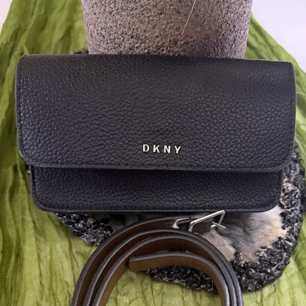 DKNY Black Pebbled Leather Wallet Crossbody Clutch Belt Bag - Picture 2 of 6